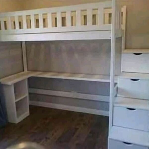 loft bed with table and small shelf