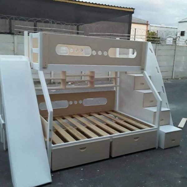 Storage tri-bunk with slide and extra shelving